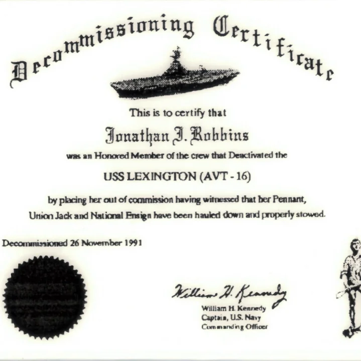 Certificate from USS Lexington
