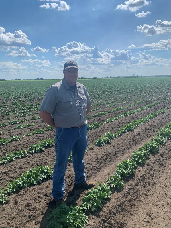 Chris Strom standing in crop rows under blue sky