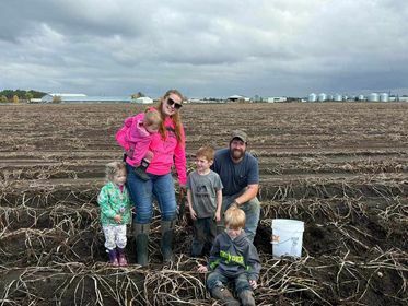Family harvesting potatoes in open field