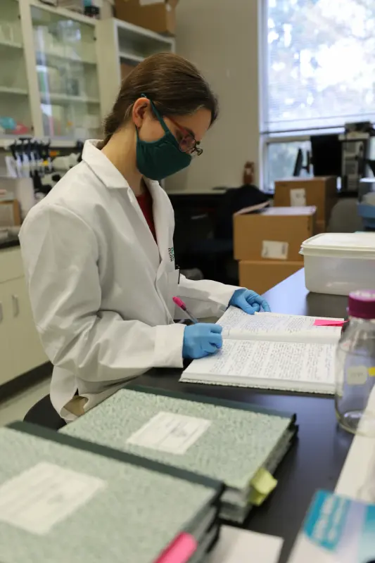 Scientist working in laboratory while recording research notes