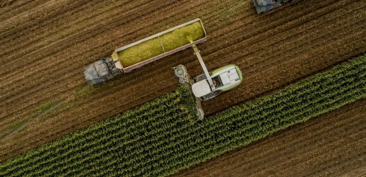 Aerial view of farm equipment working in field rows