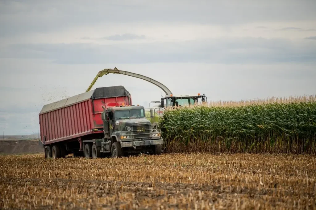 Agricultural harvester unloading crops into truck