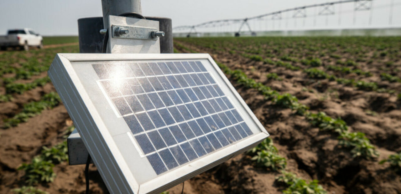 Solar panel installed beside cultivated farmland