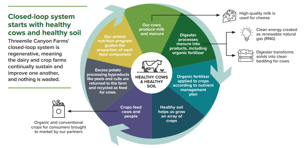 Infographic of Threemile Canyon Farms' closed-loop system showing the regenerative process involving cows, fertilizers, and crops.
