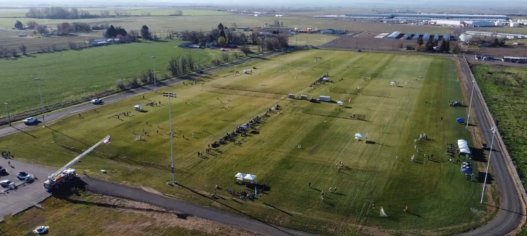 Aerial view of rural farmland and buildings