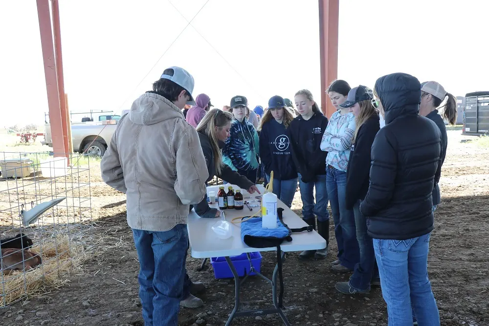 Group gathered around outdoor educational table