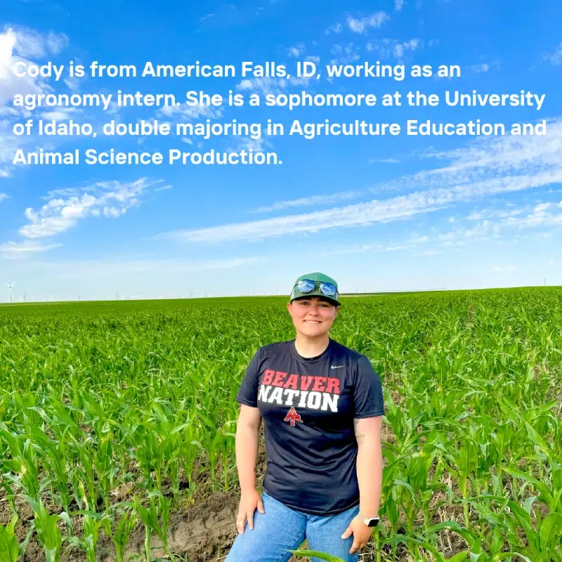 Cody, standing in a lush green field. Transcribed Text:Cody is from American Falls, ID, working as an agronomy intern. She is a sophomore at the University of Idaho, double majoring in Agriculture Education and Animal Science Production.