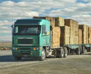 Truck transporting stacked hay bales