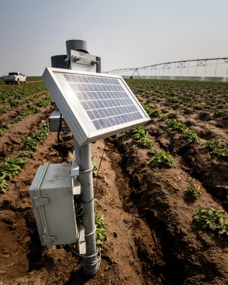 Solar-powered equipment installed beside crop rows