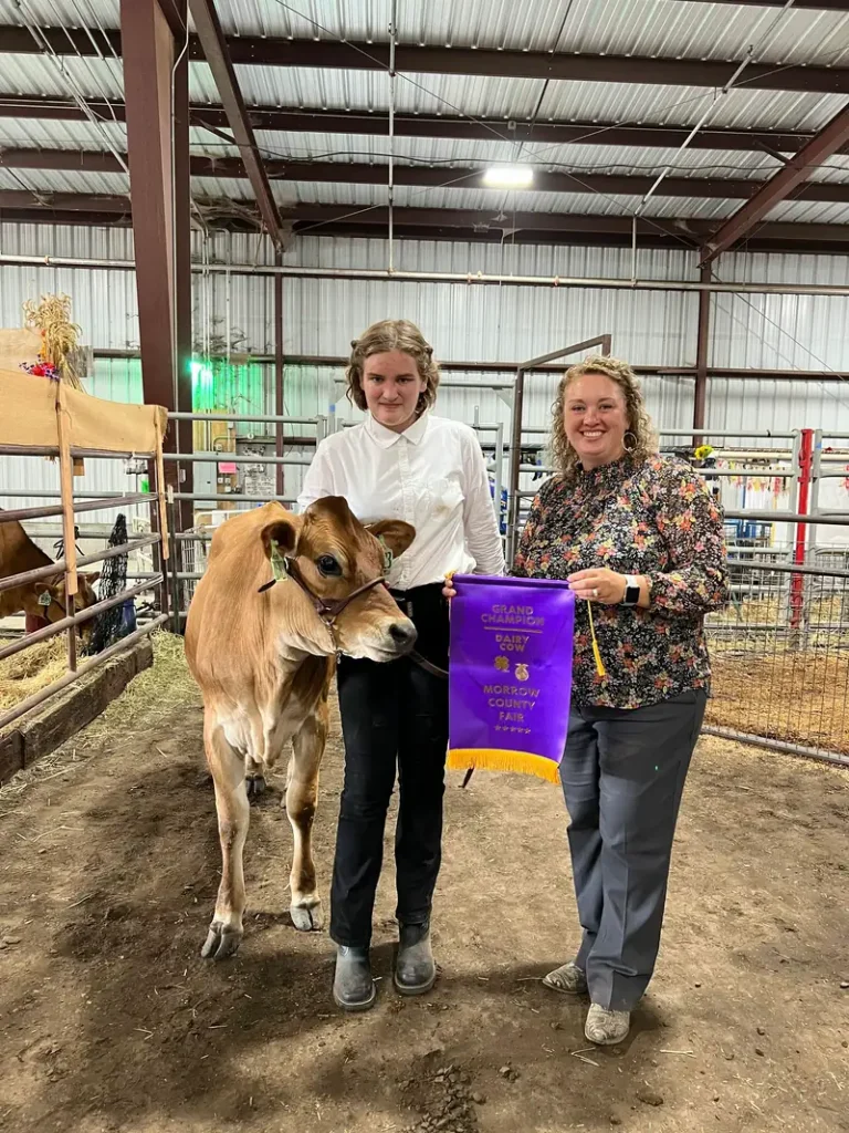 Two people posing with cow inside livestock barn